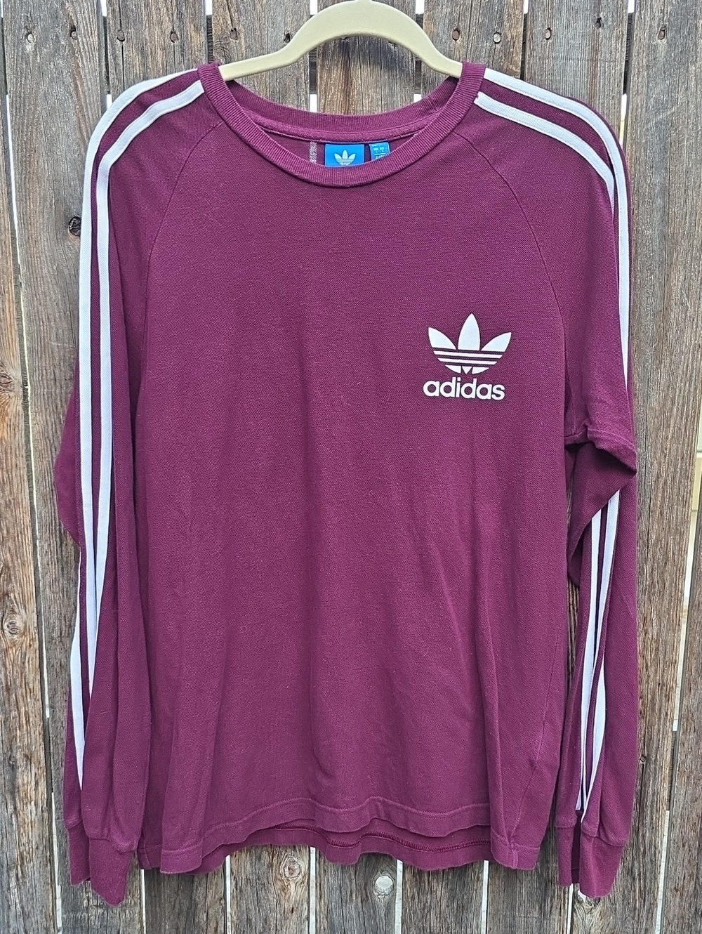 adidas Men's Burgundy Crewneck 100% Cotton Shirt with White Trefoil & Stripes